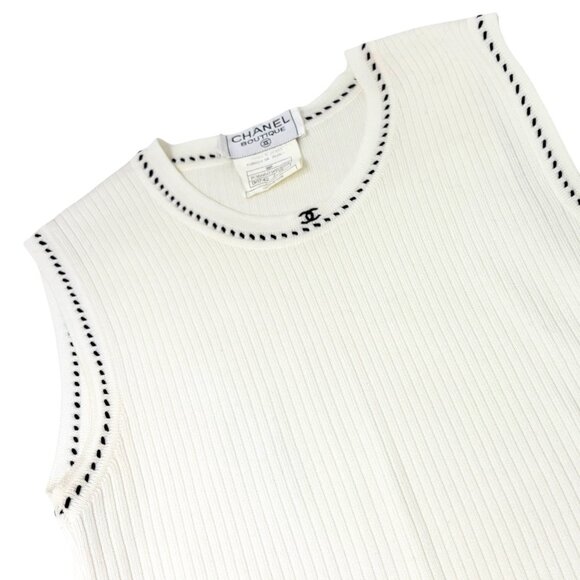 CHANEL Vintage 96P CC Mark Logo Knit Tank Top #42 White Black Cotton [106470] - Picture 5 of 14
